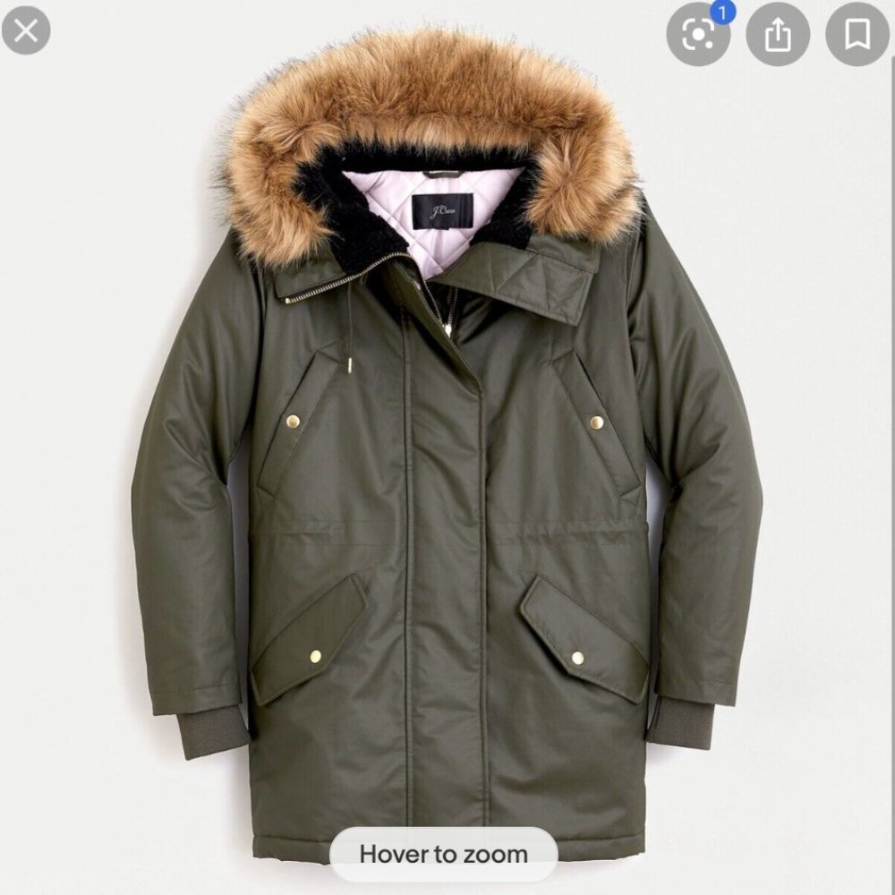 J. Crew Olive Green Parka with Faux Fur Trim